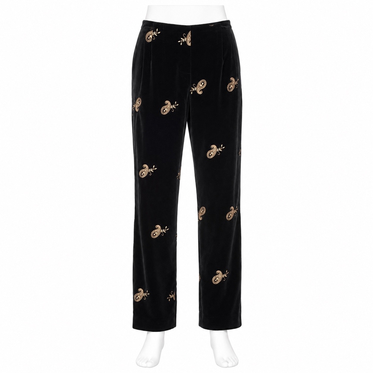 Jenni Max Velvet Pants Womens 6 Black Gold Paisley Embroidered Side Zip Tapered